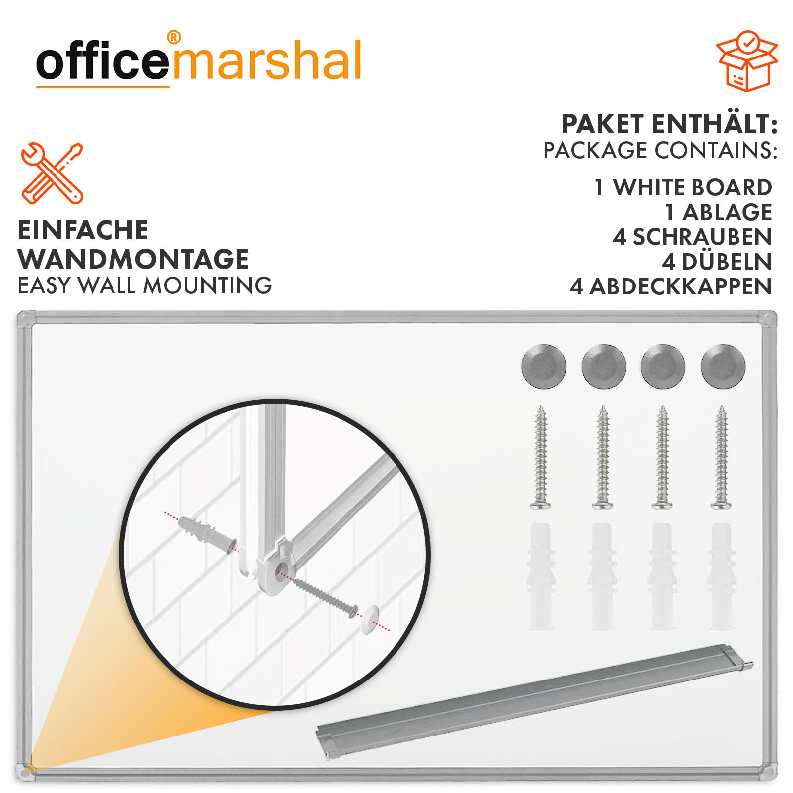 OfficeMarshal Tableau magnétique Whiteboard 60 x 90 cm avec cadre en aluminium argent | Tableau blanc magnétique avec rangement pour stylos | Tableau mémo magnétique effaçable à sec (cadre argenté)