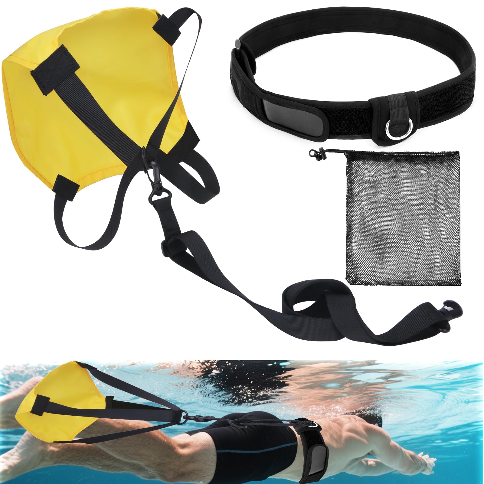 Equipo de entrenamiento de resistencia de paracaídas de natación, cinturones de natación estacionarios, juego de resistencia para adultos