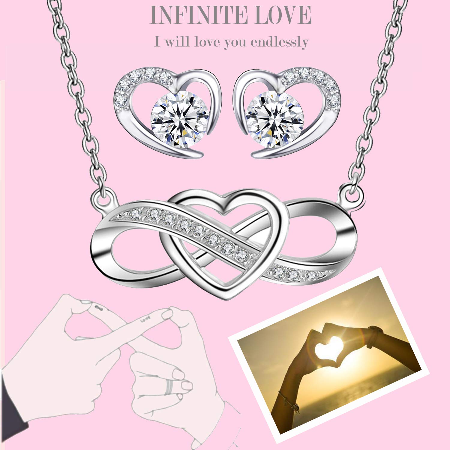 Juego de Joyas para Mujer, Collar y Pulsera Corazón Infinito, Pendientes Corazón con Cristales Austriacos, Plata de Ley 925, Un Regalo Para Una Mujer