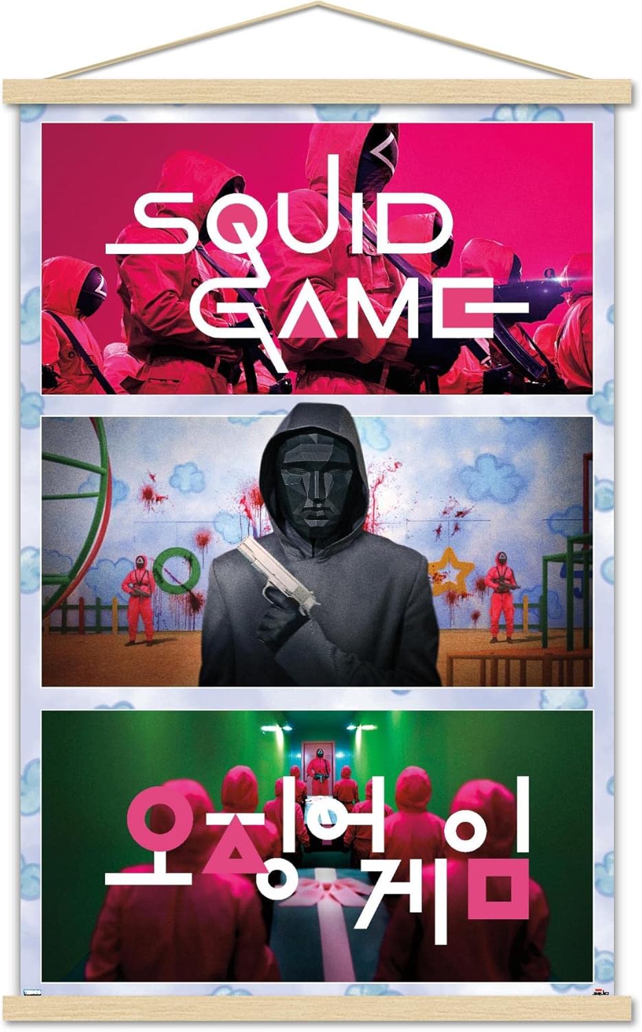 Trends International Netflix Squid Game - Collage Wall Poster, 22.375" x 34", Print and Beechwood Hanger Bundle