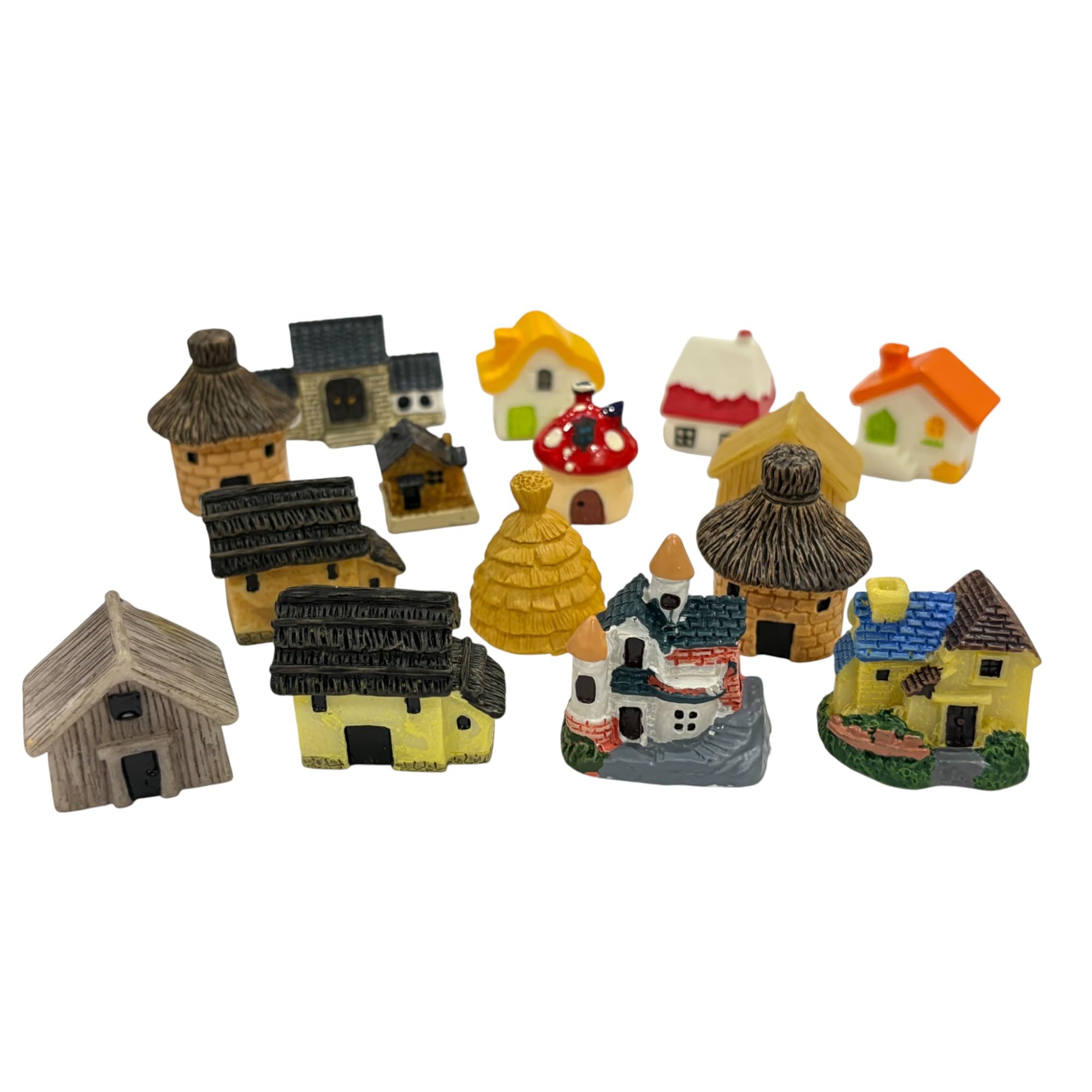 Moira Pack of 15 Miniature Toy Huts/Houses/Cottages for Dollhouse Decor, Model Making, Craft Activity, Cake Topper, Plant Decoration, Fairy Gardens, Terrarium
