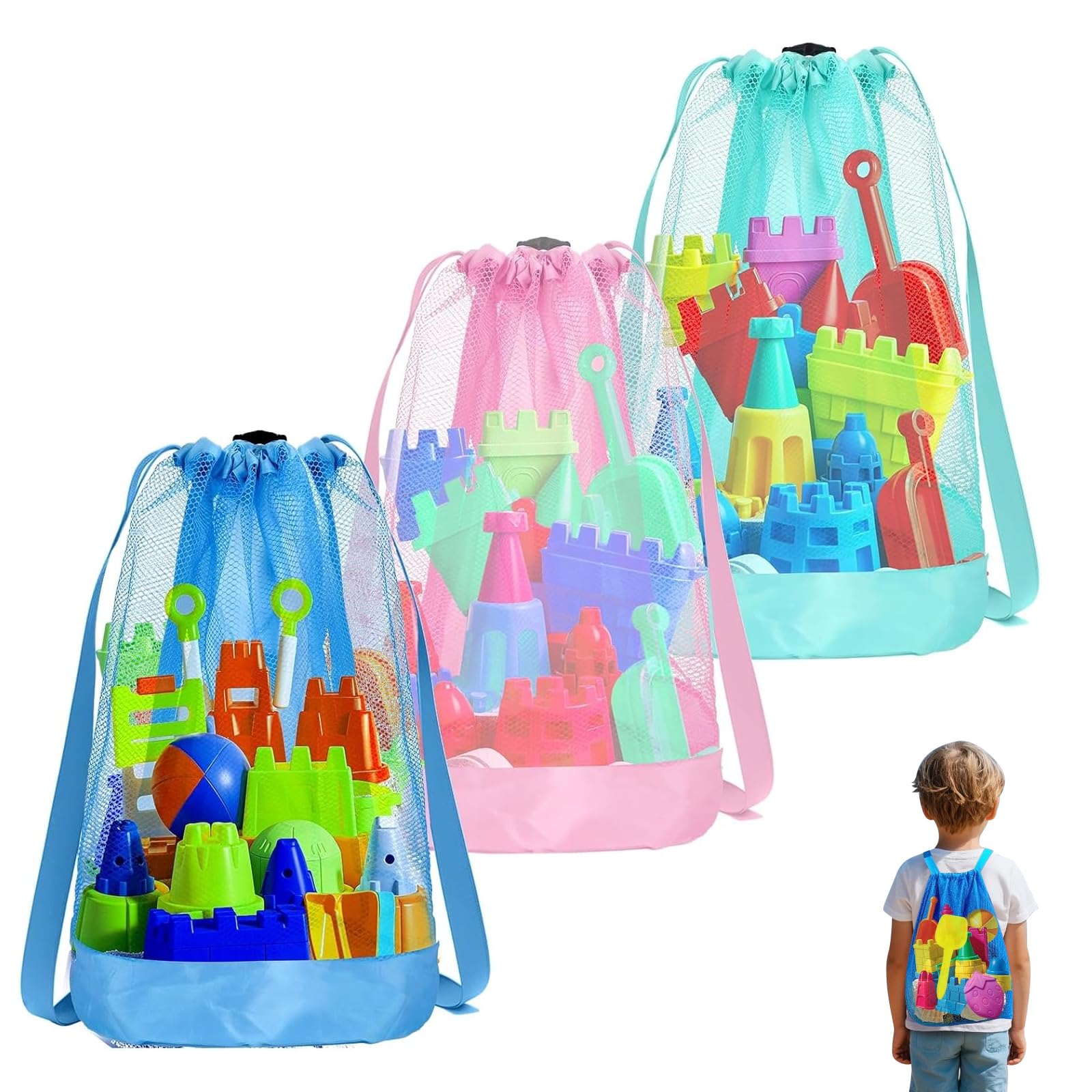 3 Piezas Bolsa de Juguetes de Playa,Bolsas de Malla para la Playa,Mochila Plegable para Juguetes Acuáticos para Niños Vacaciones Familiares Viajes A La Playa Juguetes