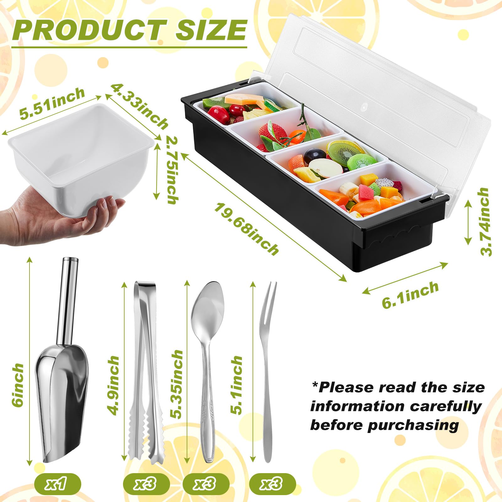 Tessco Garnish Tray with Lid Bar Caddy Ice Cooled Condiment Serving Container with Stainless Steel Ice Scoop 3 Metal Mini Serving Tongs 3 Fruit Fork 3 Spoons for Food Home Party Kitchen (4 Grids)
