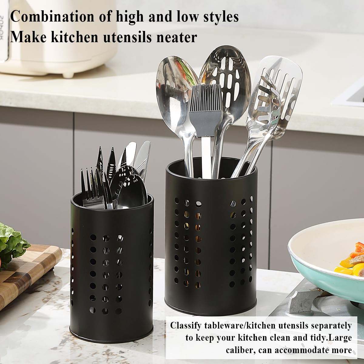 Evanda Kitchen Utensils Holder for Countertop Pack of 2, Stainless Steel Black Utensils Caddy - Image 4