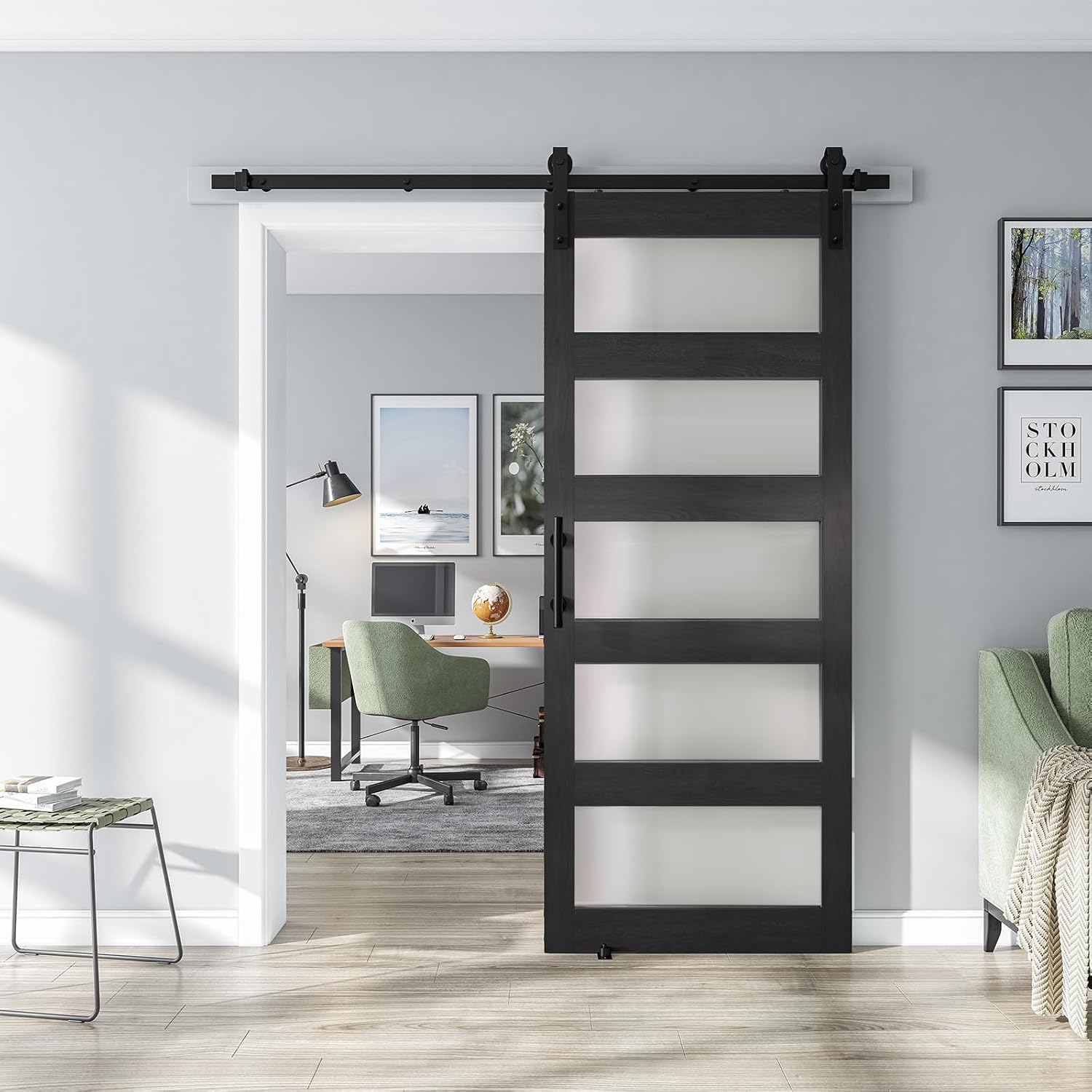 32'' x 84'' Glass Barn Door and 6 Ft Hardware Kit Included, MDF White Barn Door Slab with Frosted Glass, PVC Surface, Combined with Handle and Floor Guide-Assembly Required, Dark Grey