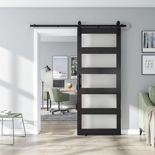 Puerta de granero de vidrio de 28 x 84 pulgadas y kit de herrajes de 5 pies incluido, losa de puerta de granero blanco MDF con vidrio esmerilado,