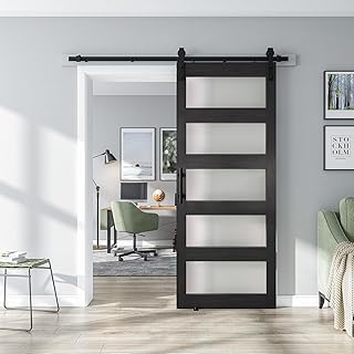 ALAMEDADT 28'' x 84'' Glass Barn Door and 5 Ft Hardware Kit Included, MDF White Barn Door Slab with Frosted Glass, PVC Surface, Combined with Handle and Floor Guide-Assembly Required, Dark Grey