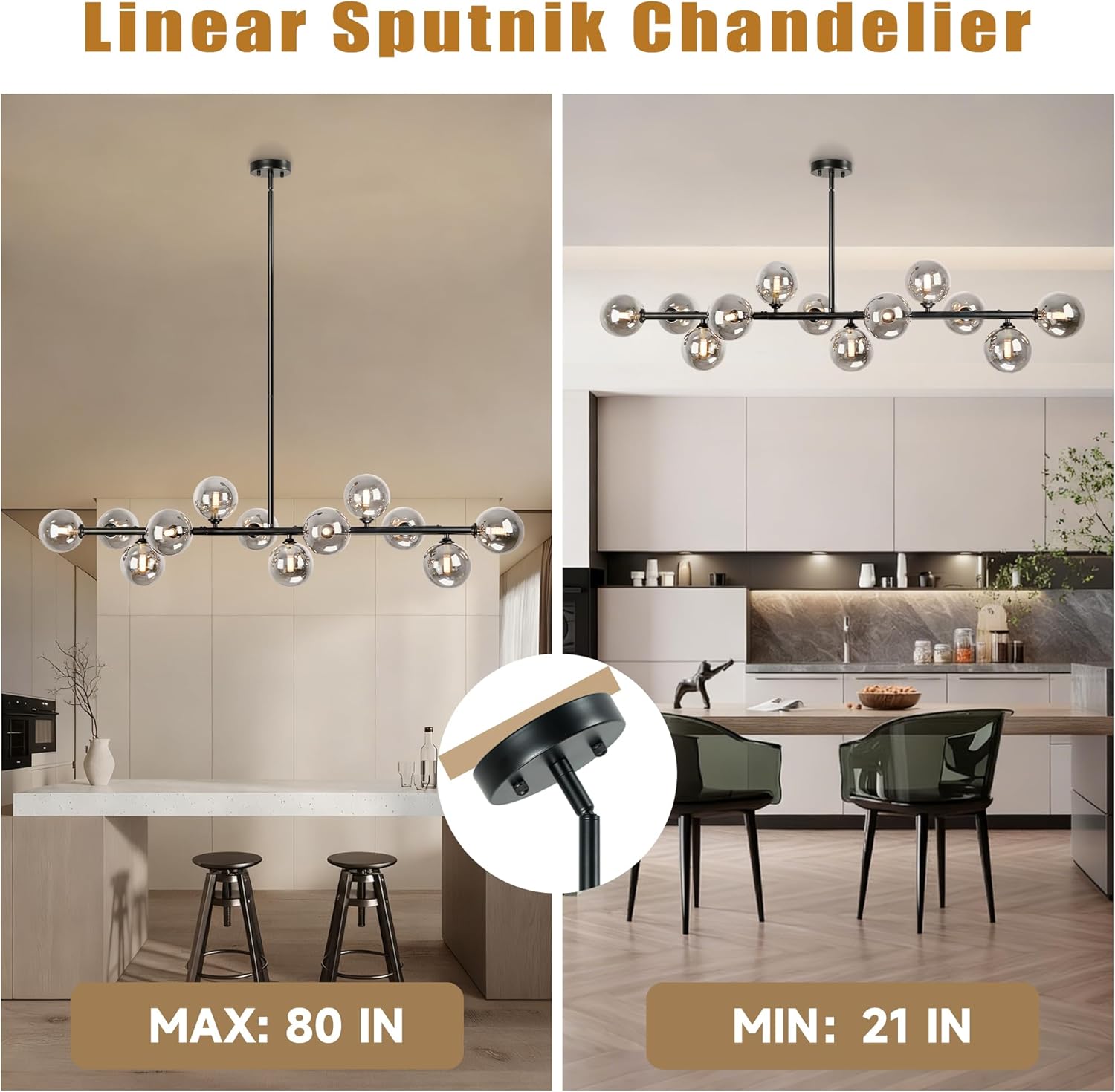 50.6 in Linear Chandeliers for Dining Room Modern Sputnik Linear Chandelier, 12 Light Black Dining Room Light Fixture with Smokey Gray Glass Globe Dining Light Fixture Kitchen Island Lighting