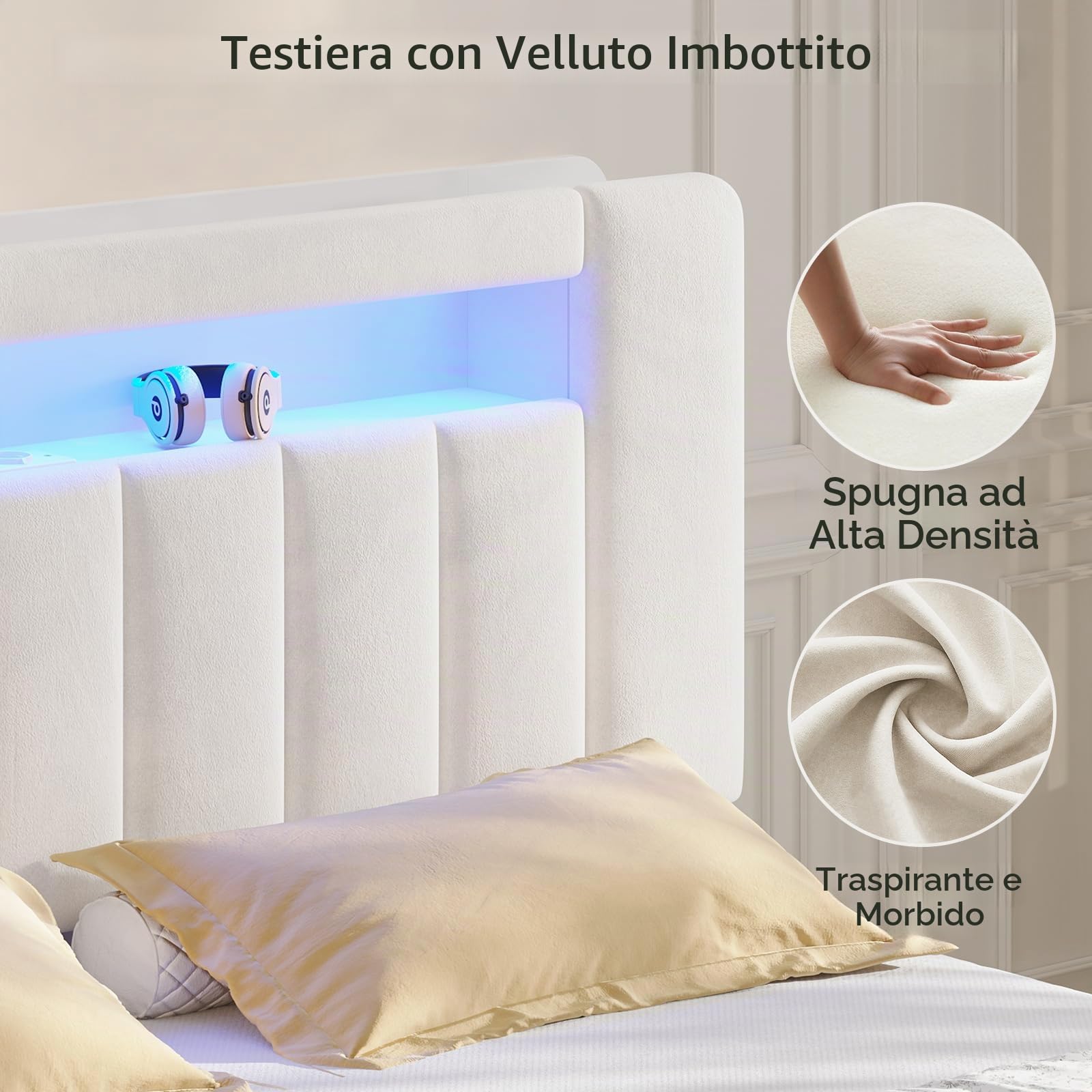 AOGLLATI Letto Matrimoniale con Contenitore 140x190, Struttura Letto con LED e Stazione di Ricarica, Letto Matrimoniale Imbottito con 4 cassetti, Vano Portaoggetti Laterale, Partizione, Velluto Beige