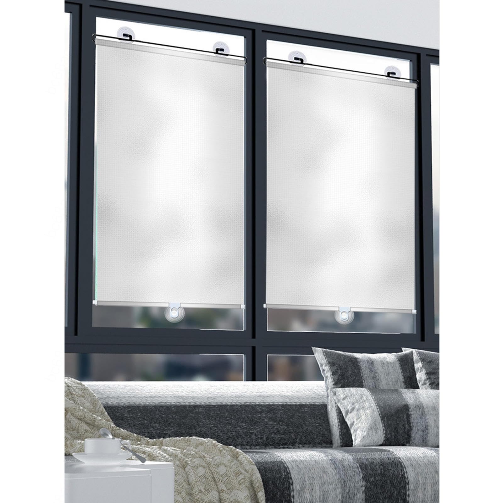 Stores à enroulement à ventouse,Pare-soleil rétractable sans perçage,Rideau occultant réfléchissant,Stores temporaires portables pour fenêtres et portes ,bain Bureau,Silver-W58*H125cm(22.8*49.2in