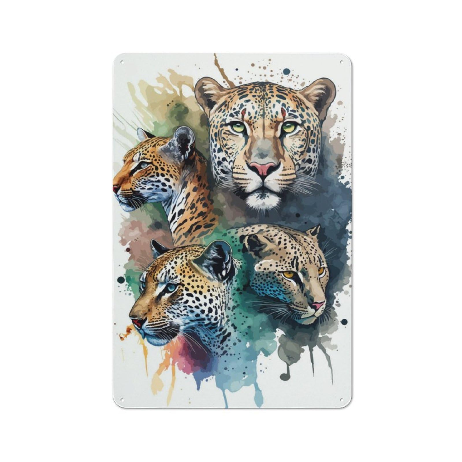 Junmoney 4 Leopards Head Watercolor Retro Tin Wall Plaque 30X20cm For Man Cave Or Games Room, For Games Room Collectors