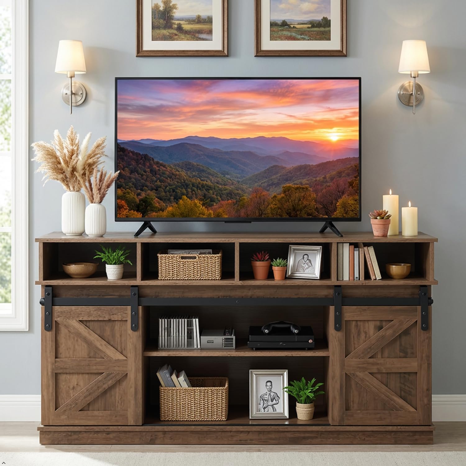 TV Stand for Living Room - Entertainment Center with Storage - Fits 65 Inch TV - Traditional American Country Style TV Cabinet - Media Console - Barn Door TV Stand,Brown