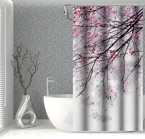 Miniatura 5 de OERJU Cortina de ducha con flores de cerezo, cortina de baño de flores nacionales japonesas, impermeable, tela de poliéster, juego de decoración de