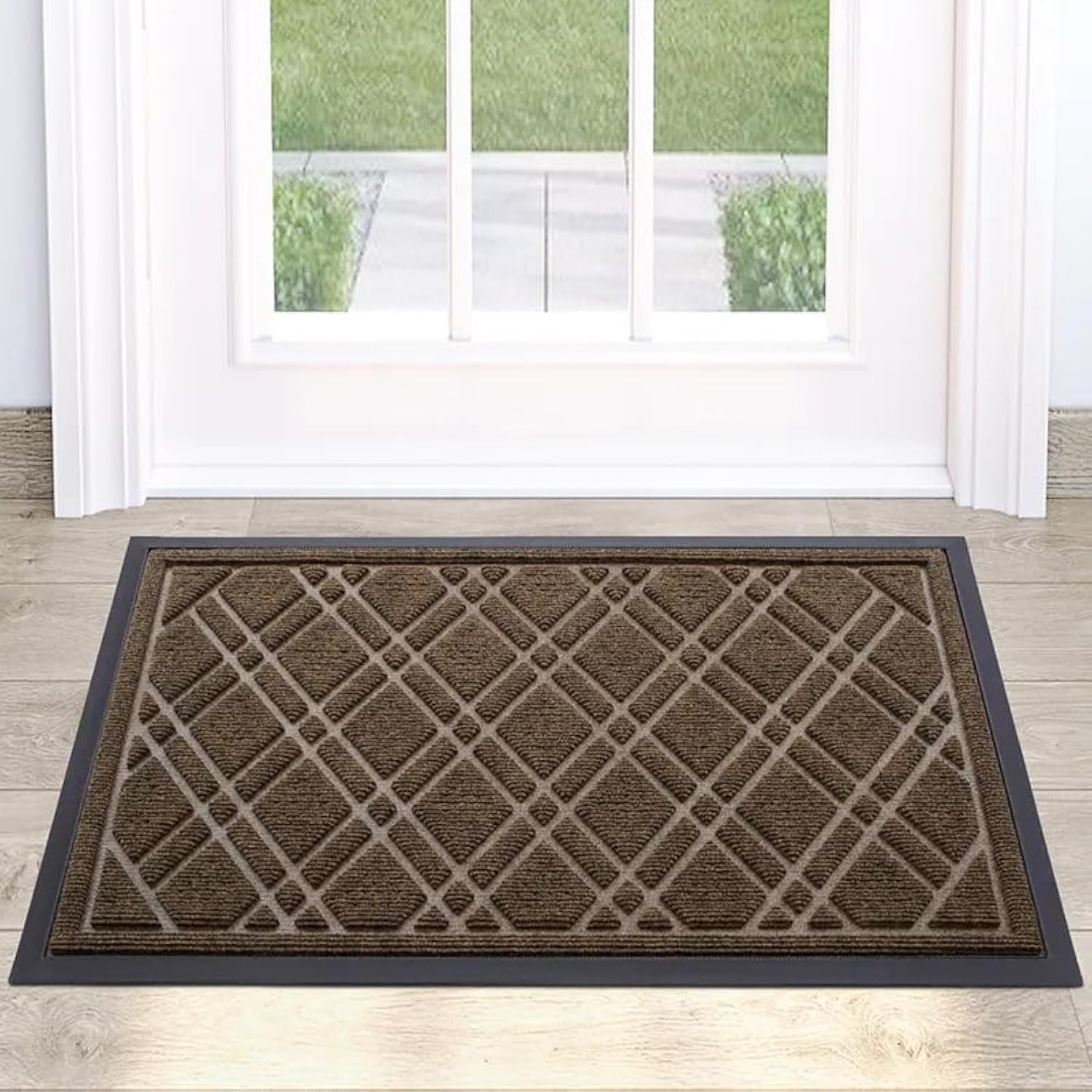 HAENJA Front Door Mat Indoor Outdoor Entrance, Waterproof and Mudproof Welcome Door Mats, Non-Slip Rubber Backing Low Profile Doormat for Entryway (45 * 75CM) (Brown, Style 2)