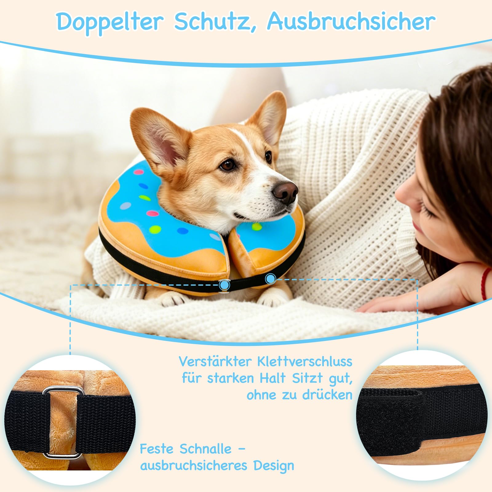 Aufblasbare Halskrause Hund, Einstellbar Hundekragen Leckschutz, Halskrause Hund Weich zur Wundheilung und Erholung nach Operationen, Hundekragen nach op der Die Sicht Nicht Blockiert, Blau,M+
