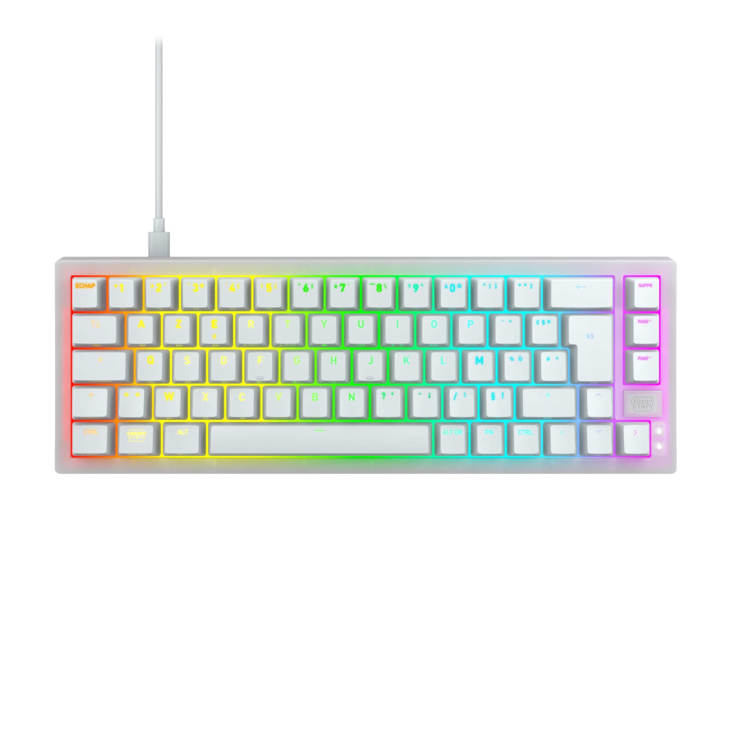 CHERRY XTRFY K5V2 Compact, mechanische Gaming-Tastatur im 65-Prozent-Format, Französisches Layout (AZERTY), Hot-Swap-Keyboard, MX2A RED Switches, Weiß-Transparent