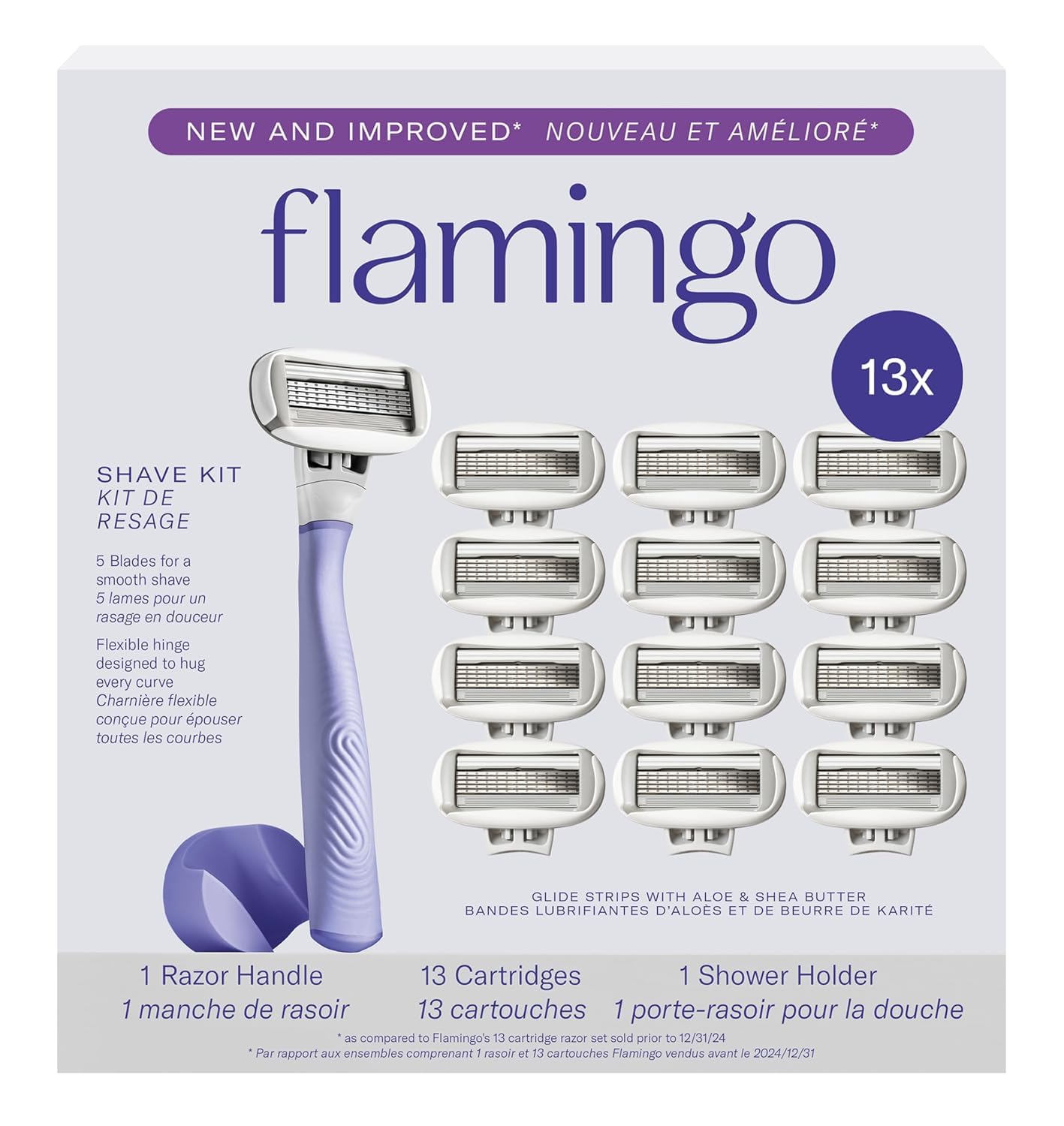 Flamingo Razors for Women 1 Womens Razor Handle Lilac 13 Razor Five-Blade Refills and 1 Shower Holder
