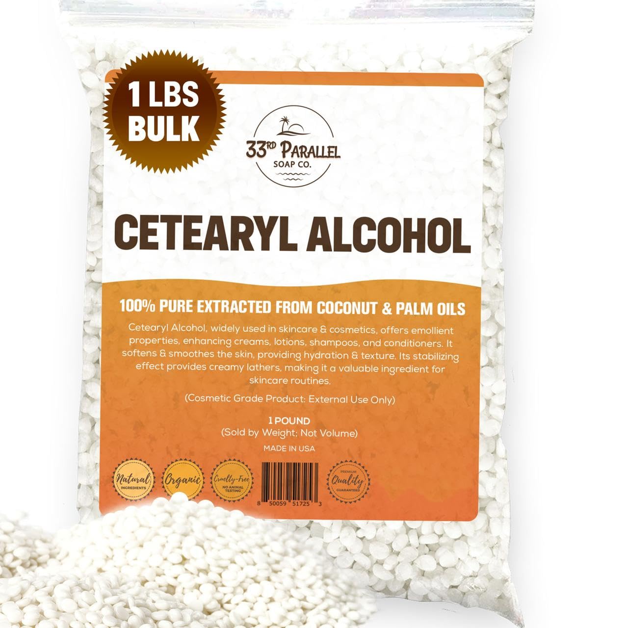 CETEARYL Alcohol (1 lbs / 16 oz) 100% Pure Extracted from Coconut & Palm Oils. Premium Granules Cetearyl Alcohol for Lotion Making, Creams, Scrubs, Shampoos, Conditioners, Moisturizers | 1 Pound