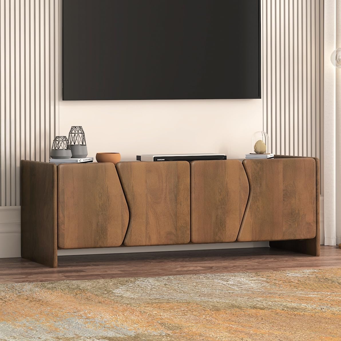 Levon Artisan Solid Mango Wood Sideboard Cabinet with Geometric Doors Modern Mid-Century Storage Console Walnut Finish-image-3