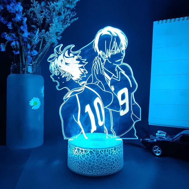 Night Light 3D Illusion Cartoon Anime Volleyball Boy Character Lamp with USB Led Lights with Touch Button Desk Lamp Home Bedroom Decoration for Kids Boys Girls Gift