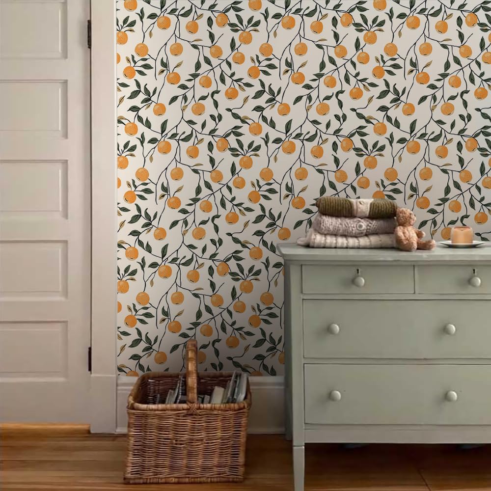 18"x236" Boho Beige Orange Citrus Fruit Peel and Stick Self Adhesive Wallpaper Removable Contact Paper Stick on Easy Peel Off Wall Paper for Kitchen Bedroom Bathroom