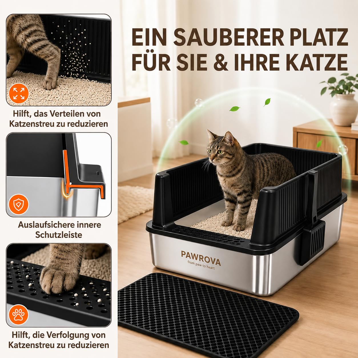 Katzenklo aus V2A Edelstahl, XL Katzentoilette mit hohen Seiten