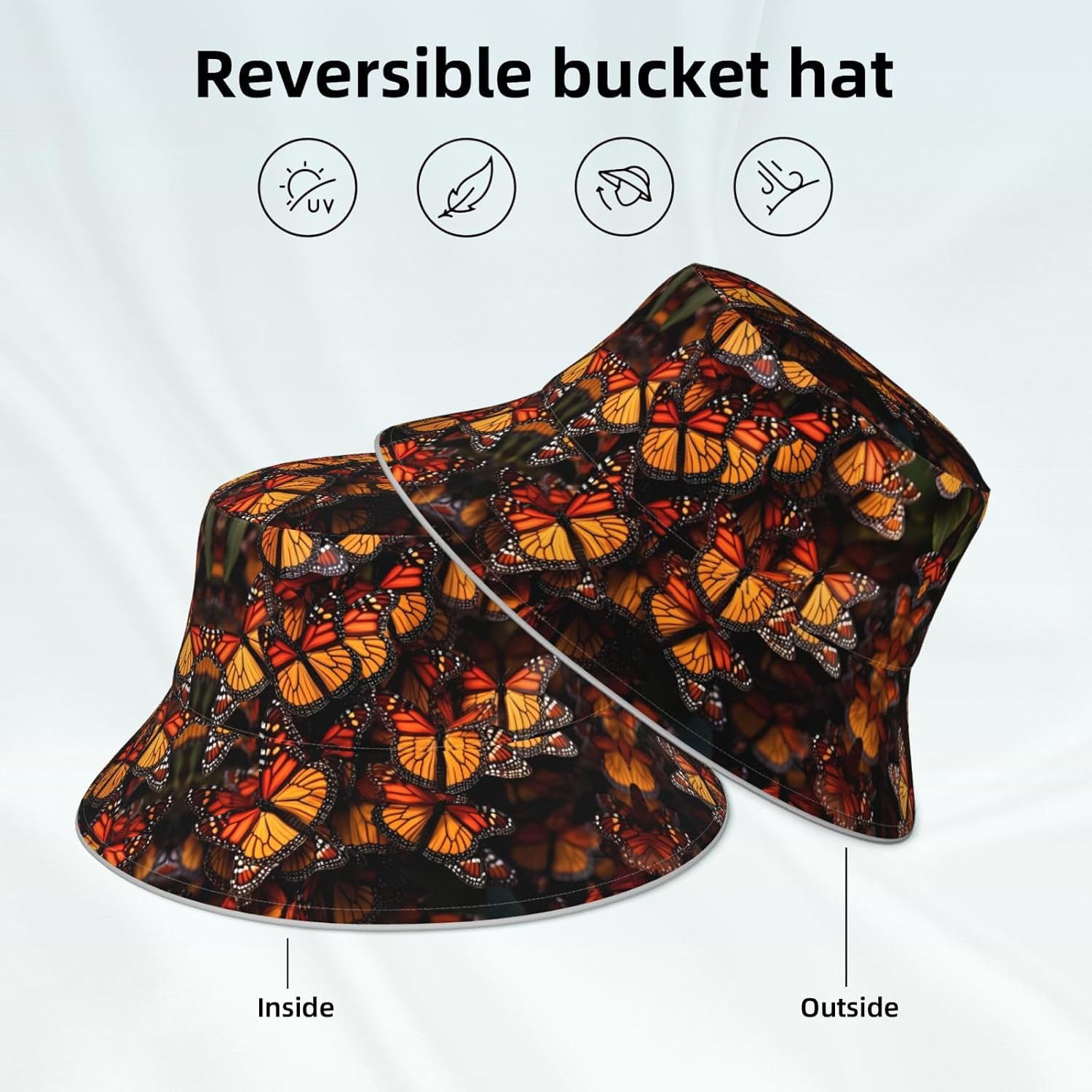 (Monarch Butterflies) Reflective Reversible Bucket Hat Foldable Breathable Stylish Two-Way Wear for Outdoor Travel Daily Activities Black