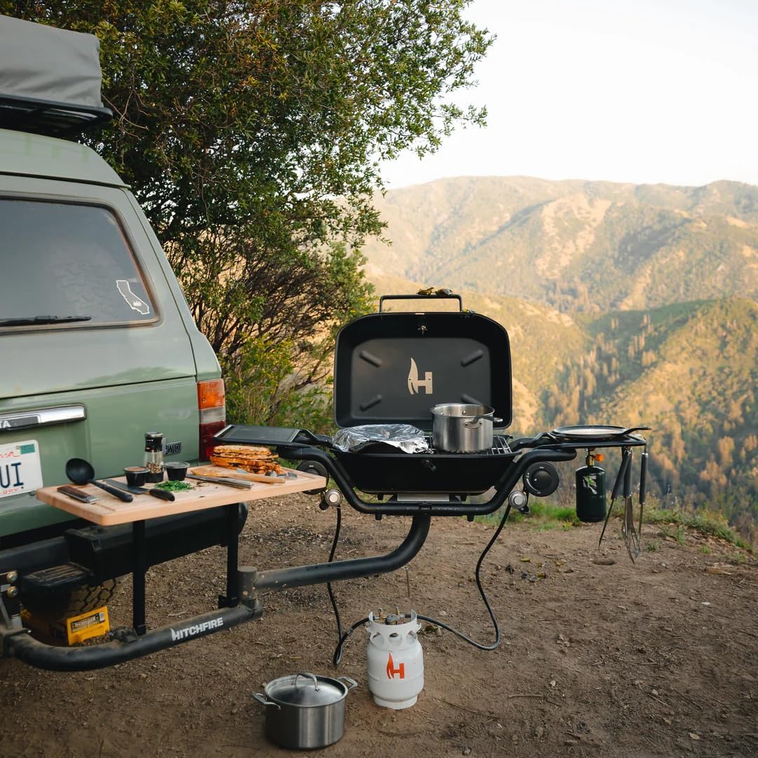 HitchFire F20 Grill – 20K BTU, Dual Burner, Hitch-Mounted, Swing-Away Arm, Portable Propane BBQ for Camping & Tailgating