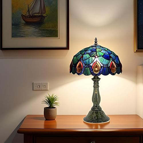 Miniatura 7 de Tiffany Lamp Stained Glass Table Lamps Sea Blue Peacock Tail Style Desk Lamp 12X12X18.5 Inch Bronze Ceramic Base Reading Light Suitable for Bedside