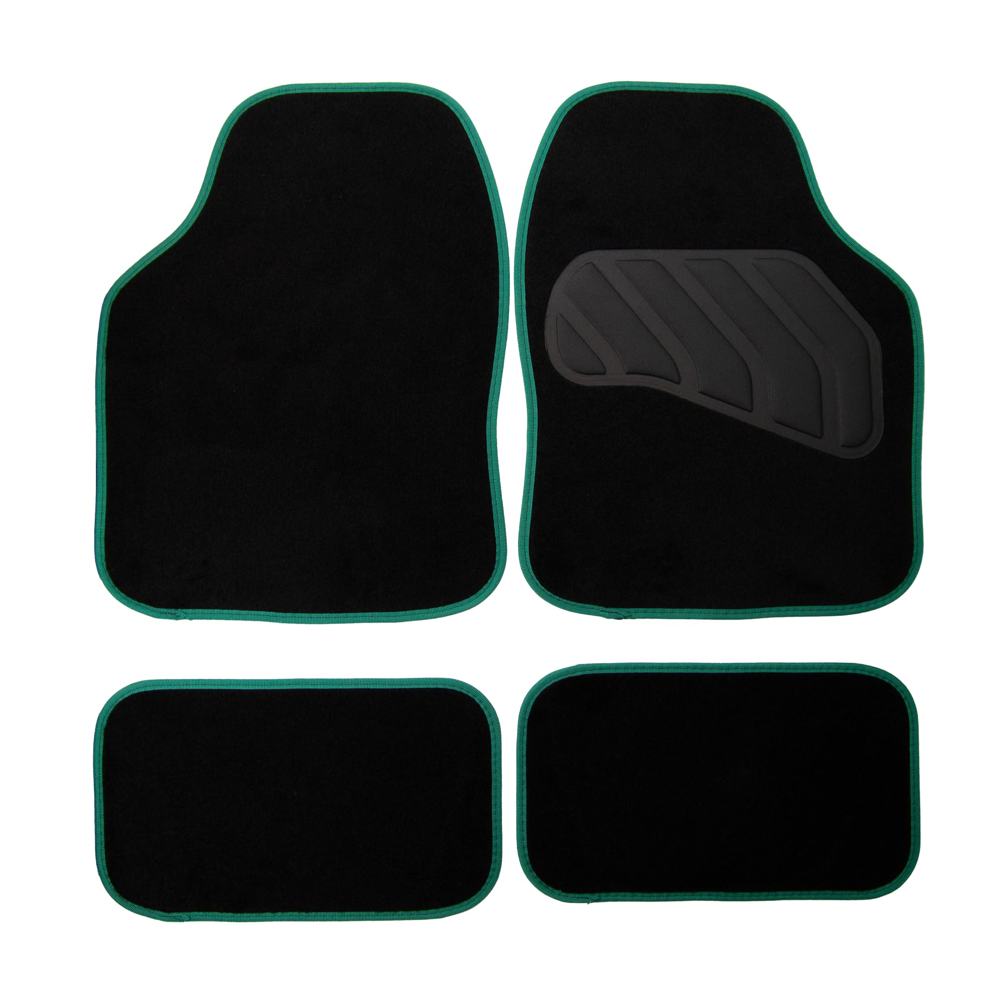 Sakura Floor Mats For Cars SS5469 - 'Pastel' Black Carpet Green Trim - Full Set Of 4 Universal Fit - Hard-Wearing Pile, Anti-Slip Backing, UK Made, Heelpad