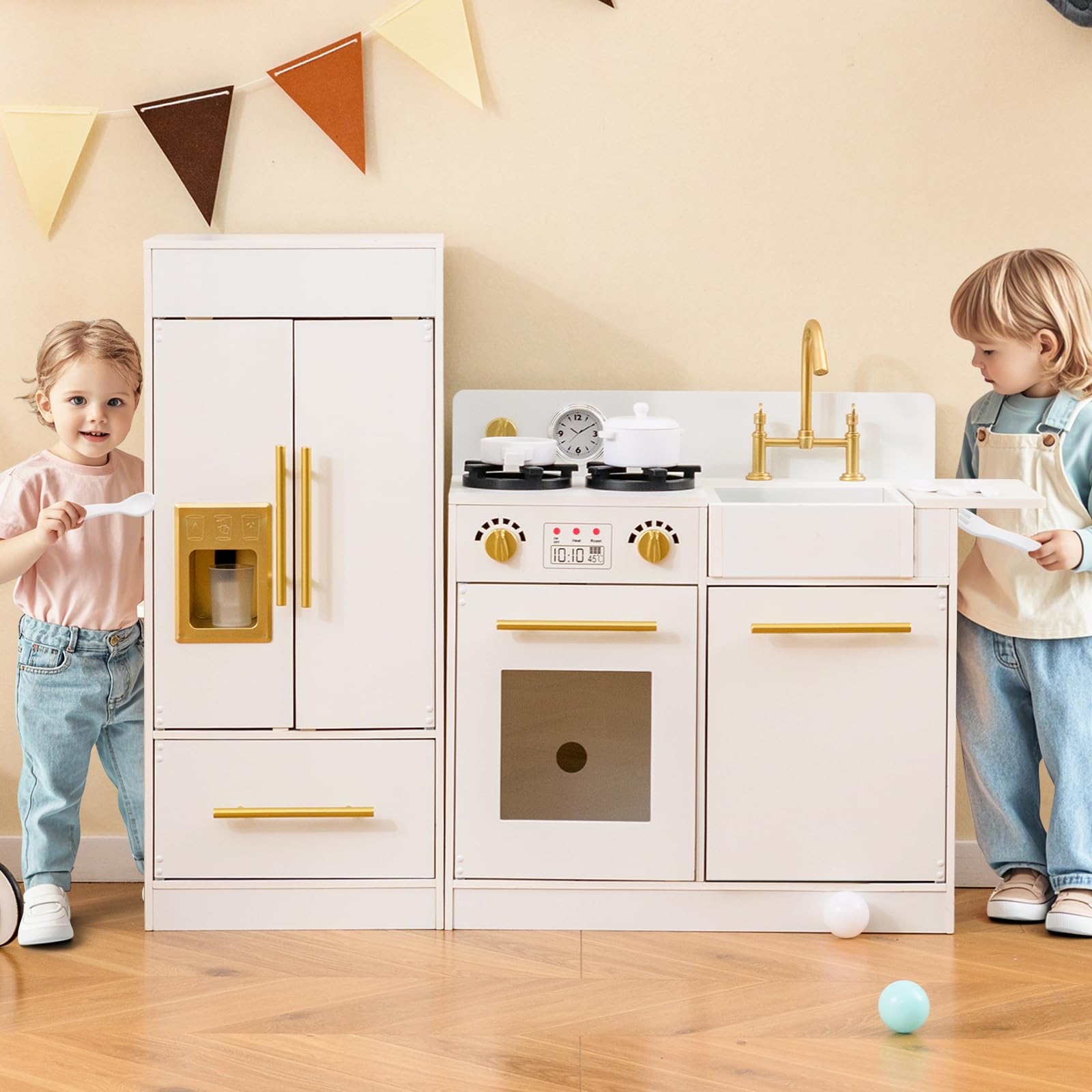 HOMASIS Cuisine pour Enfants en Bois, Cuisine Jouet avec Réfrigérateur, Machine à Glace, Lave-vaisselle, Cuisinière, Robinet, Cuisine pour Enfants de 3 ans Blanc