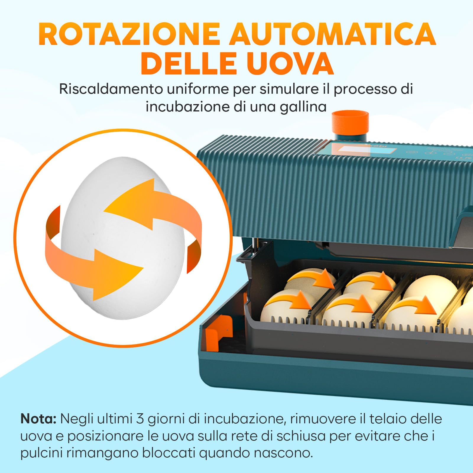 Okkobi M10 Incubatrice per Uova - Ideale per tutte le età - Incubatrice per Uova Automatica Piccola con Girauova Automatico e Controllo Umidità - Lampada per Uova - 10 uova - Verde e Arancione