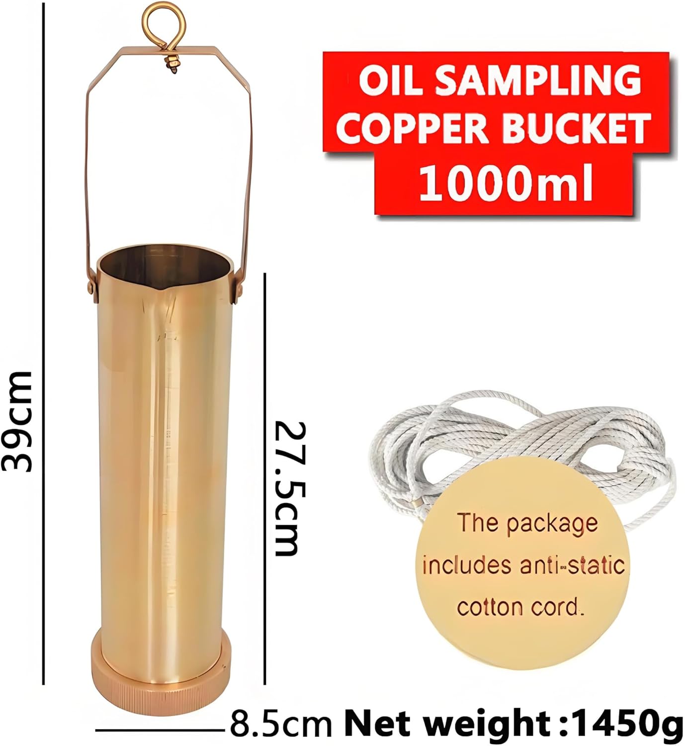 Brass Water Sampler Dipper Set - 1000 mL Oil Sampling Beaker with Rope, Pendulum Design for Easy Use, Ideal for Lab, Fishing, and Environmental Testing