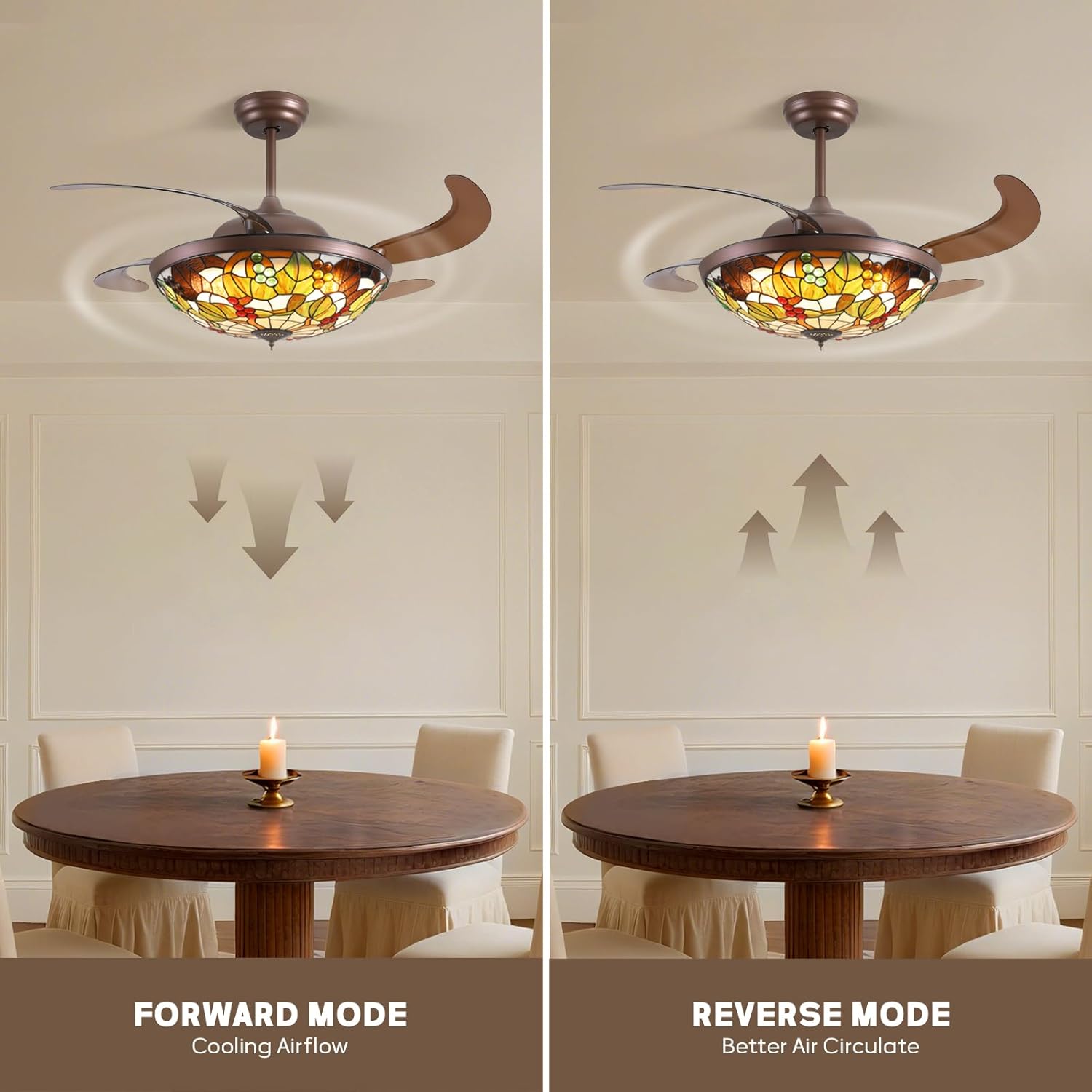 CROSSIO 52 inch Tiffany Ceiling Fan with Light Stained Glass Fandelier with Retractable Blades 52" Vintage Ceiling Fan Light Dimmable LED Fandelier for Bedroom and Living Room