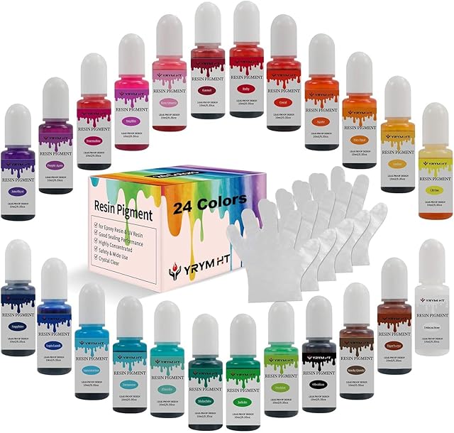 YRYM HT Epoxy Resin Pigment - 24 Colors Transparent Non-Toxic UV Epoxy Resin Dye Liquid for UV Resin Coloring, Resin Jewelry Making - Concentrated UV Resin Colorant for Art, Paint, Crafts - 10ml Each