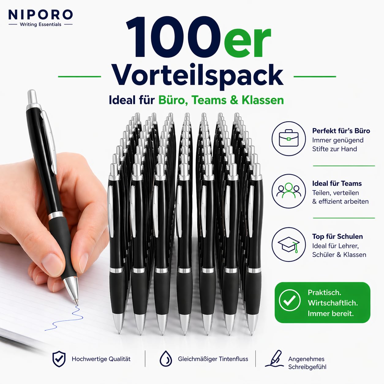 100 Kugelschreiber Blau oder Schwarz – alle mit blauer Tinte - Kugelschreiber Set weich schreibend, gleichmäßiger Tintenfluss, Soft-Grip – Vorratspack für Büro, Schule und Teams (100, Schwarz)