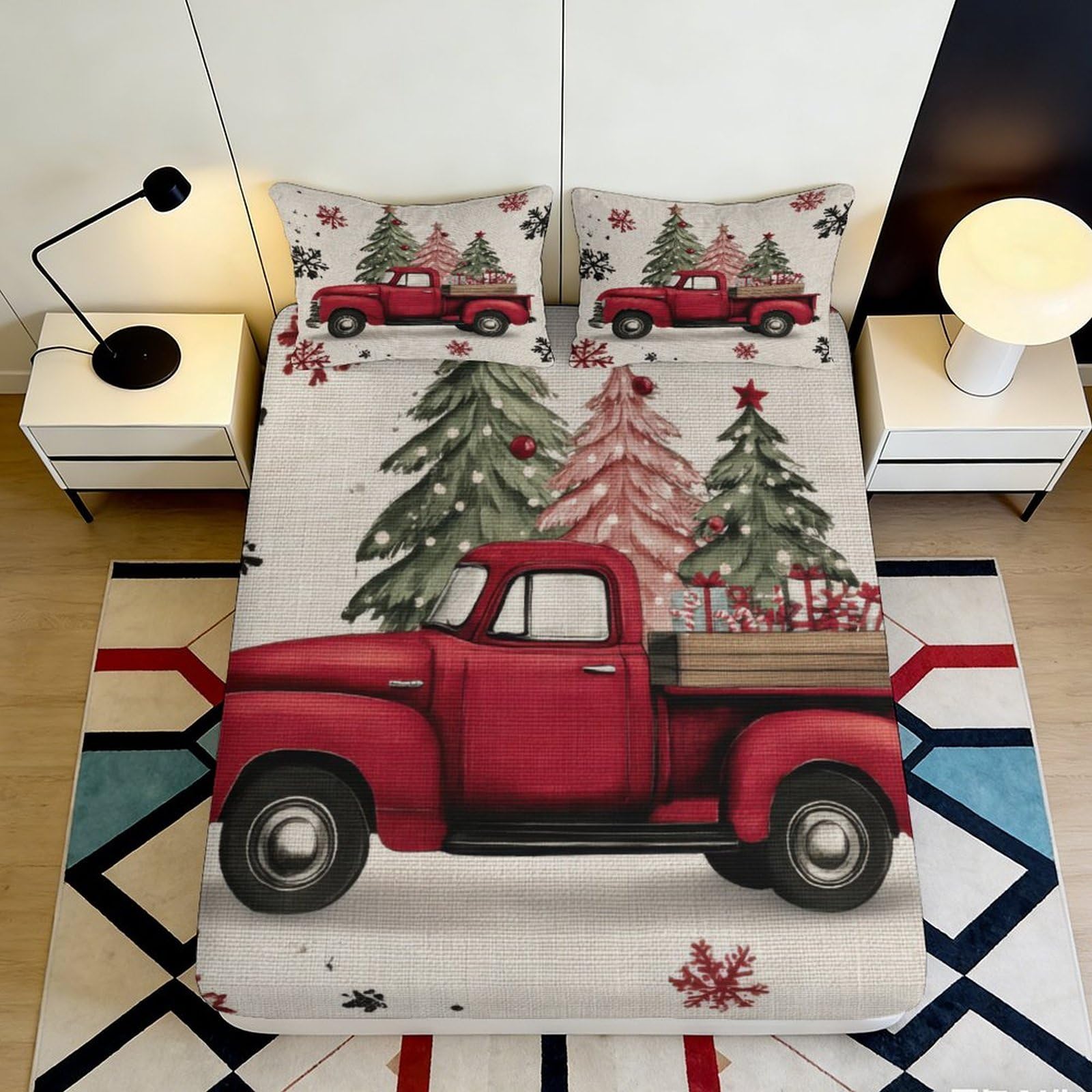 3D Printed Red Vintage Truck Fitted Sheet Microfiber Christmas Pine Tree Bed Cover for Bedroom Guest Room Decor 90x200x25cm