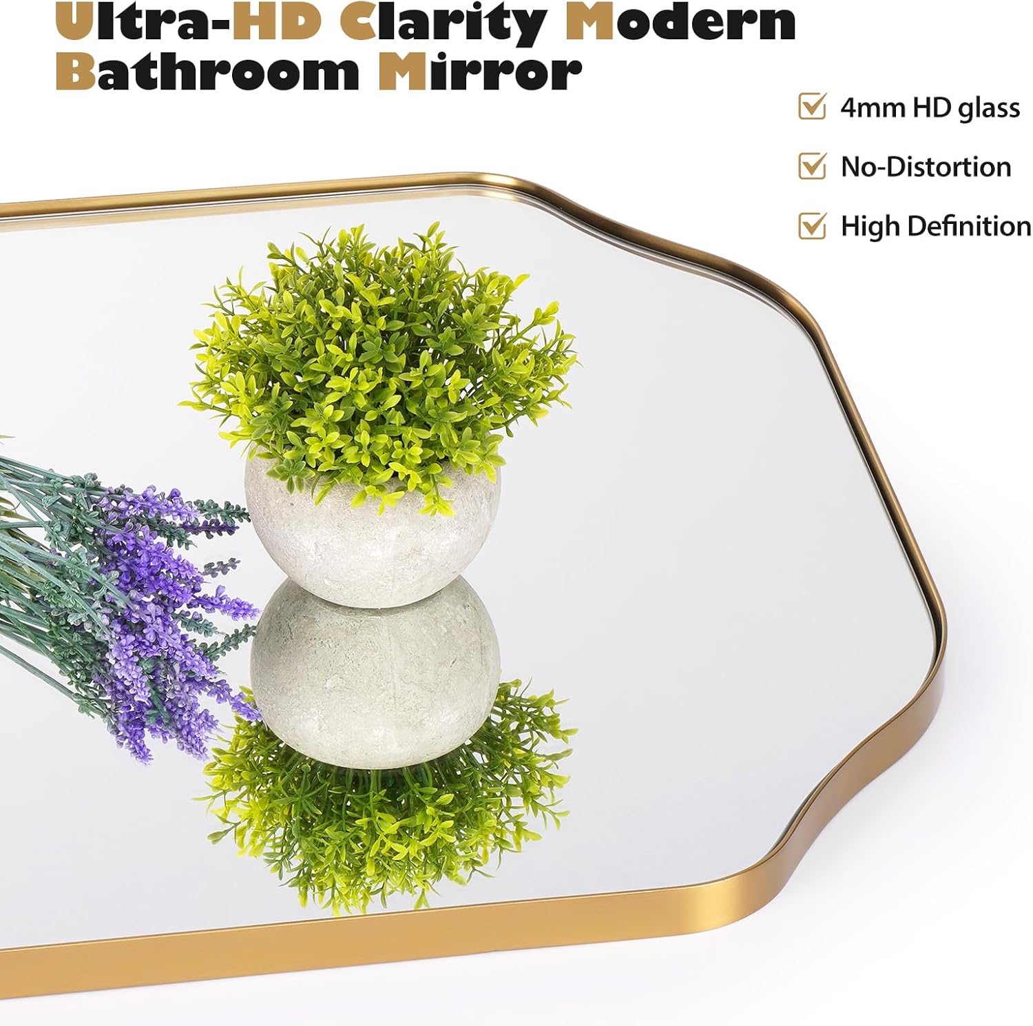 Brushed Gold Mirror, 24x36 Inch Bathroom Wall Asymmetrical Mirror, Irregular Vanity Mirrors with Stainless Steel Frame Modern Scalloped Round Corner 0.8" Deep Wall-Mounted Vertically/Horizontally