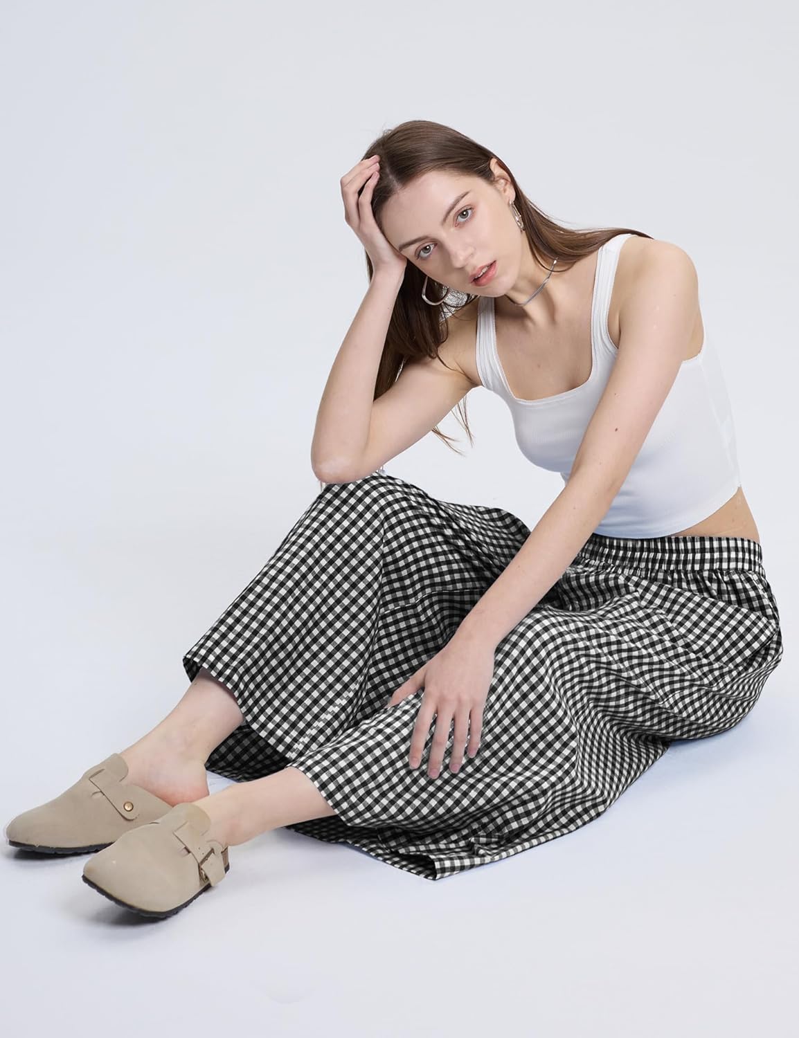 LOMON Womens Wide Leg Capri Pants Cotton Gingham Plaid Culottes Summer Elastic Waist Palazzo Trousers Bottoms with Pockets - Image 4