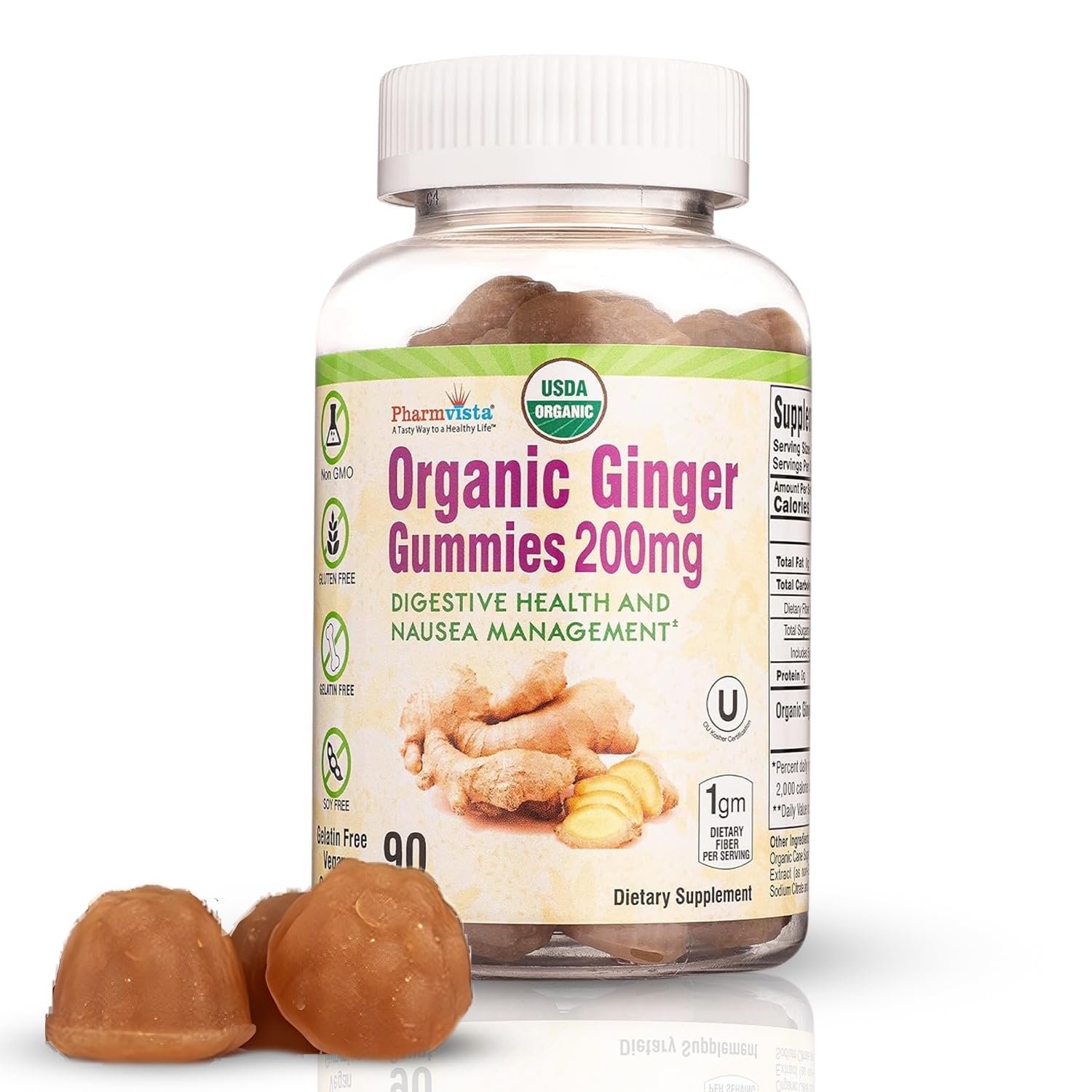 Pharmvista USDA Organic Ginger Gummies 200mg 90 Count for Nausea Management and Digestive Health