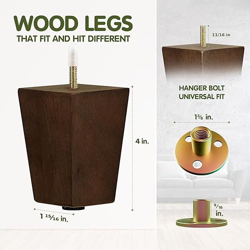 Miniatura 4 de Yes4All Juego de 4 patas cuadradas de madera para muebles de 4 pulgadas, patas modernas de mediados de siglo marrón para sofá, otomana, banco,