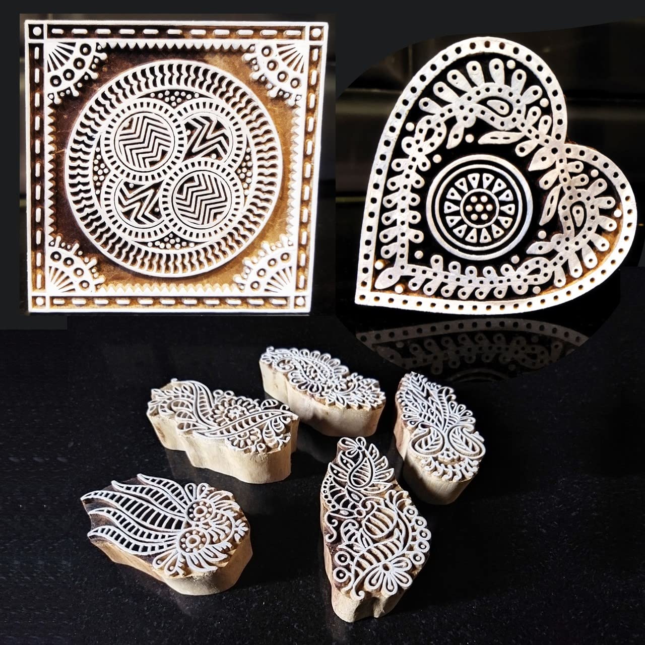 ecofynd Wooden Block Stamps (Pack of 7), Wooden Blocks for Block Printing Stamp Set, Artistic Shapes Craft Kids Saree Border DIY Henna Fabric Textile Paper Clay Pottery Hand-Carved (BLOCK055) (B09TWF8X79) Amazon Price History, Amazon Price Tracker