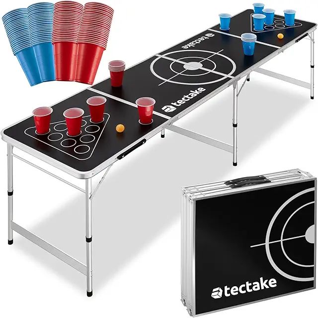 tectake® Beer Pong Tisch Set - Höhenverstellbar & Klappbar mit 100 Bechern & 6 Bällen