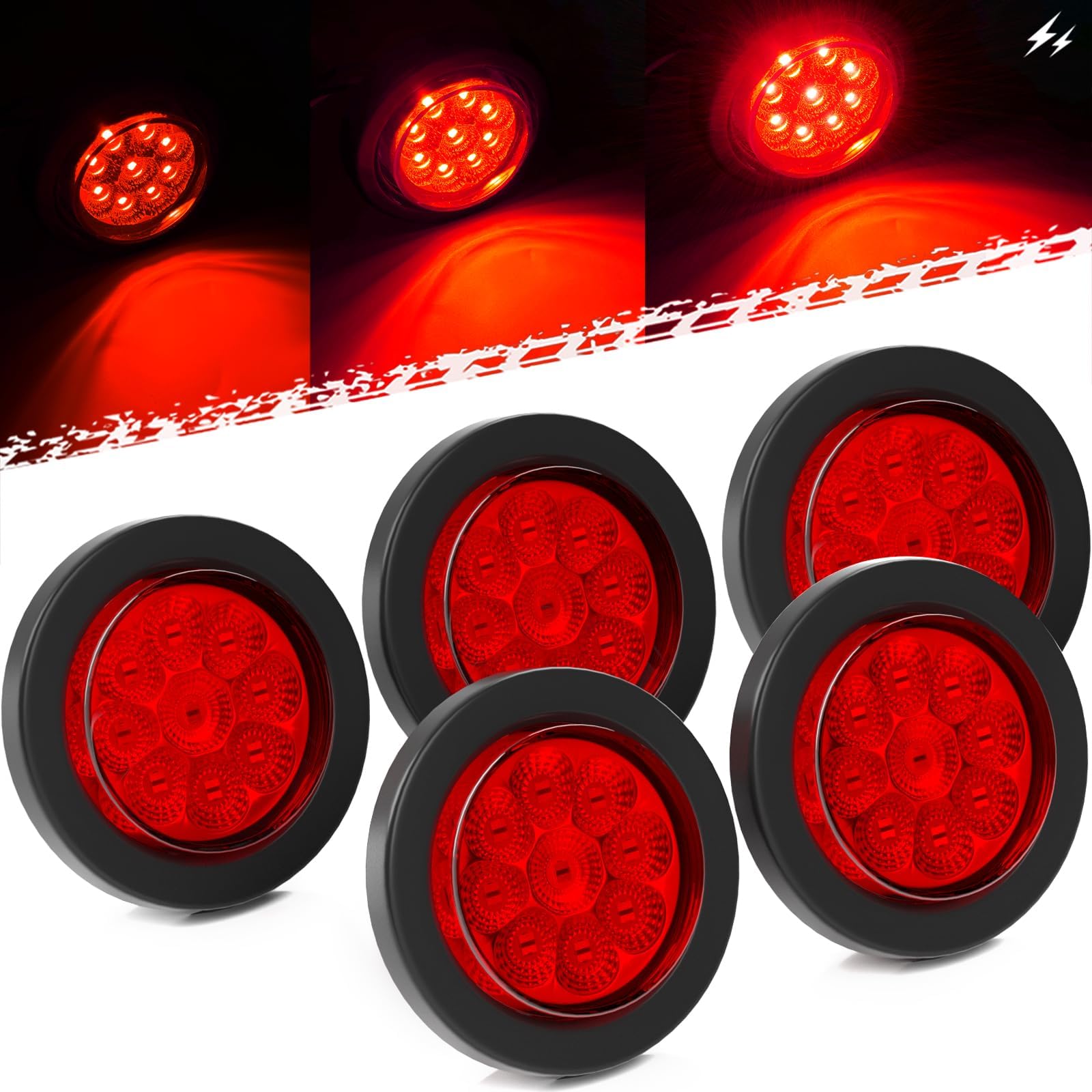2'' High/Low Light+Strobe Light Trailer Clearance Marker LED Lights Round Side Tail Brake Stop Turn Signal Lights Flush Mount for Trailer Truck Van RV ATV Bus Pickup RV Snowmobile (Red, 5Pcs)
