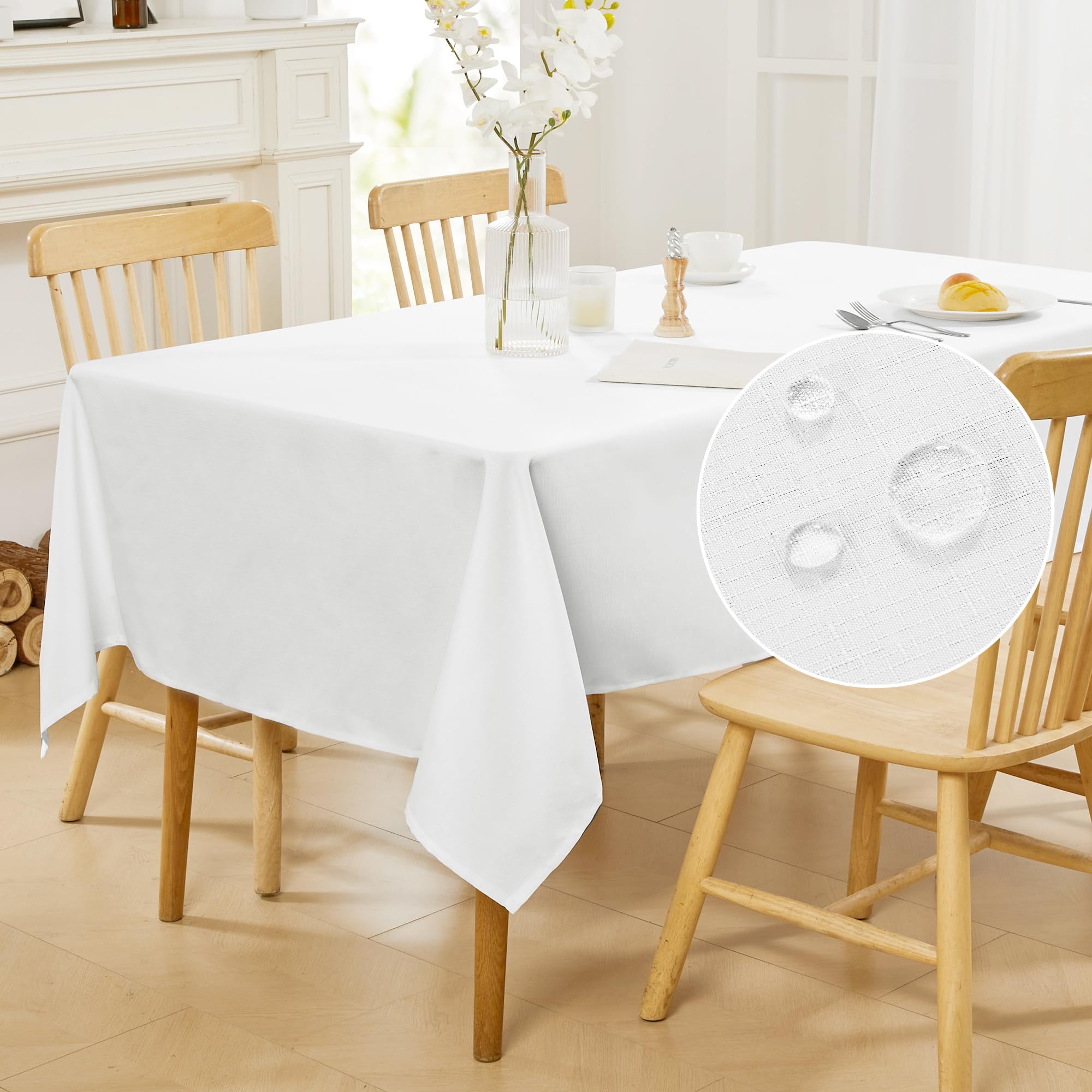 Deconovo Abwaschbare Tischdecke Lotuseffekt Wasserabweisende Tischdecken Leinenoptik Tischwäsche für Esszimmer Küche, 274x137 cm, Weiß, 1 Stück