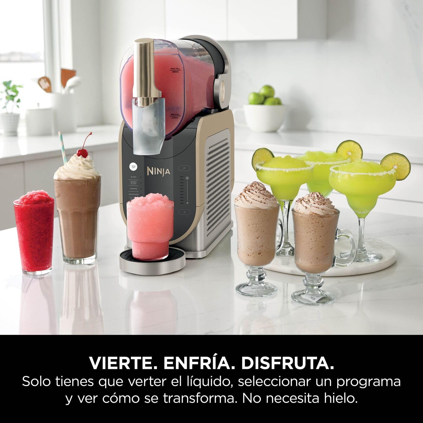 Ninja SLUSHi, Máquina de Bebidas Heladas, Piedra Dorada, FS301EUSTGD | Con Tecnología WhisperChill, Prepara Granizados, Cócteles Helados, Frappés, Batidos y Zumos Helados sin Hielo, 1,9L