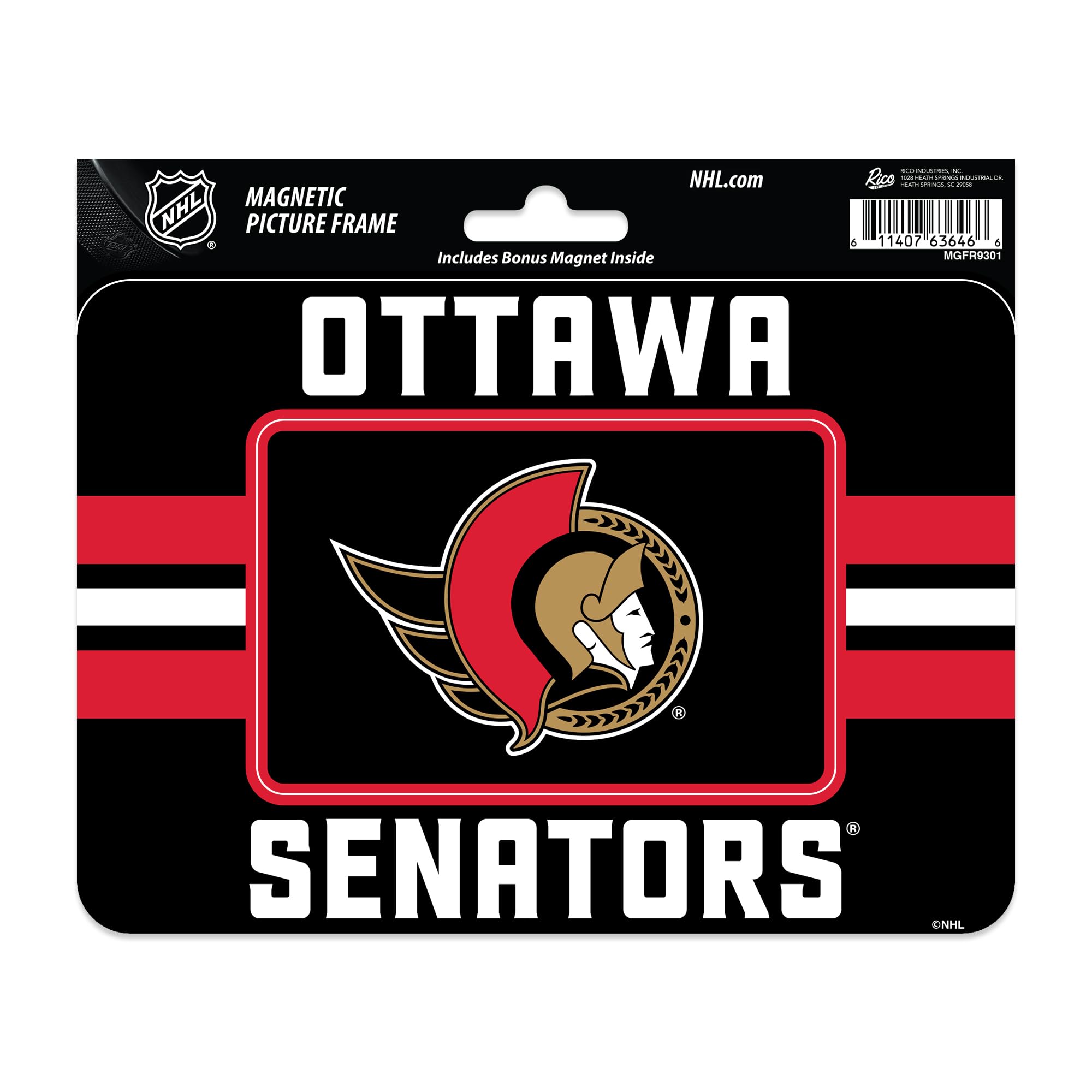 Rico Industries NHL Hockey Ottawa Senators Stripes Magnetic Picture Frame (5"x6.75") & Magnet Combo Set - Home Décor - Regrigerator, Office, Kitchen