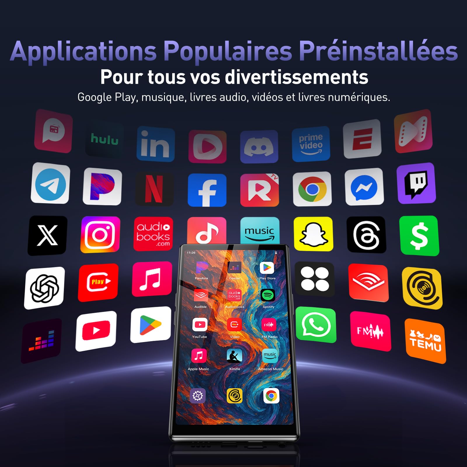 AGPTEK 128Go Lecteur MP3 Bluetooth WiFi, MP4 Spotify Android 13 avec 5"Écran Tactile HD, Compatible avec Deezer, Amazon Music, YouTube, Pandora, Audible, Libby, MP4 Enfant avec Contrôle Parental, Noir