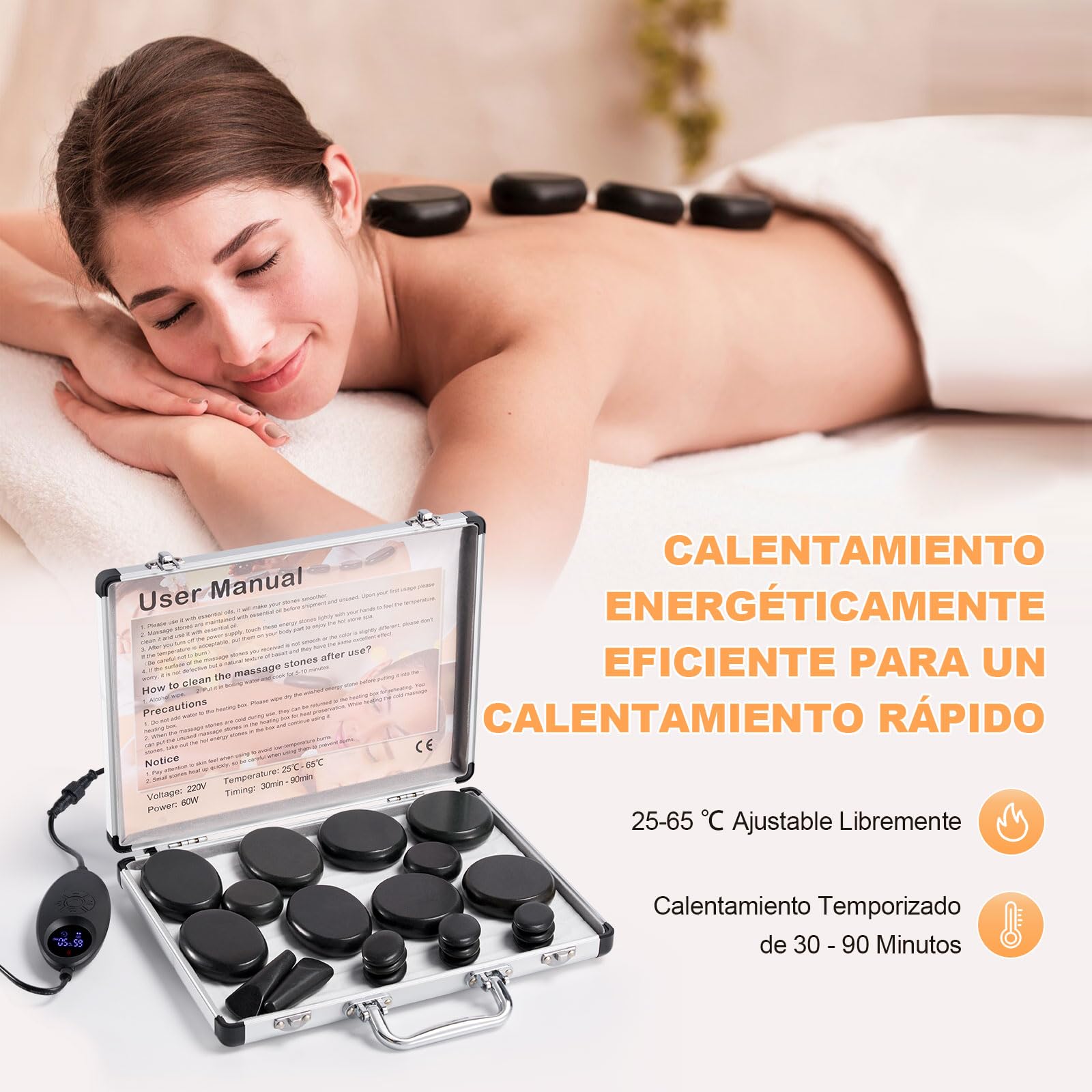 21 Piezas Calentador Piedras Calientes con Control de Temperatura,Kit Piedras Calientes Hot Stones Massager de Basalto para Masaje de Cuerpo Completo Spa Relajación (21 Piezas)