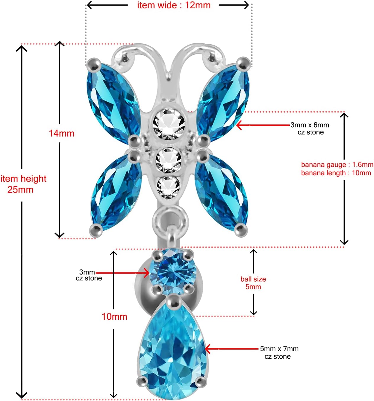 Butterfly with Round and Teardrop Reverse Bar Design 925 Sterling Silver with Stainless Steel Belly Ring - Belly Button jewelry - Navel jewelry